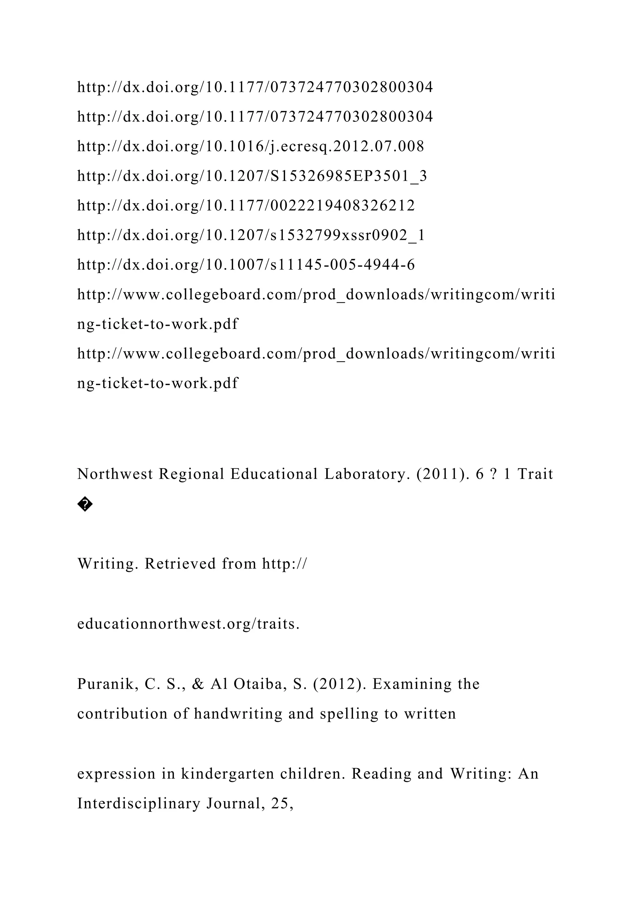 http://dx.doi.org/10.1177/073724770302800304
http://dx.doi.org/10.1177/073724770302800304
http://dx.doi.org/10.1016/j.ecresq.2012.07.008
http://dx.doi.org/10.1207/S15326985EP3501_3
http://dx.doi.org/10.1177/0022219408326212
http://dx.doi.org/10.1207/s1532799xssr0902_1
http://dx.doi.org/10.1007/s11145-005-4944-6
http://www.collegeboard.com/prod_downloads/writingcom/writi
ng-ticket-to-work.pdf
http://www.collegeboard.com/prod_downloads/writingcom/writi
ng-ticket-to-work.pdf
Northwest Regional Educational Laboratory. (2011). 6 ? 1 Trait
�
Writing. Retrieved from http://
educationnorthwest.org/traits.
Puranik, C. S., & Al Otaiba, S. (2012). Examining the
contribution of handwriting and spelling to written
expression in kindergarten children. Reading and Writing: An
Interdisciplinary Journal, 25,
 