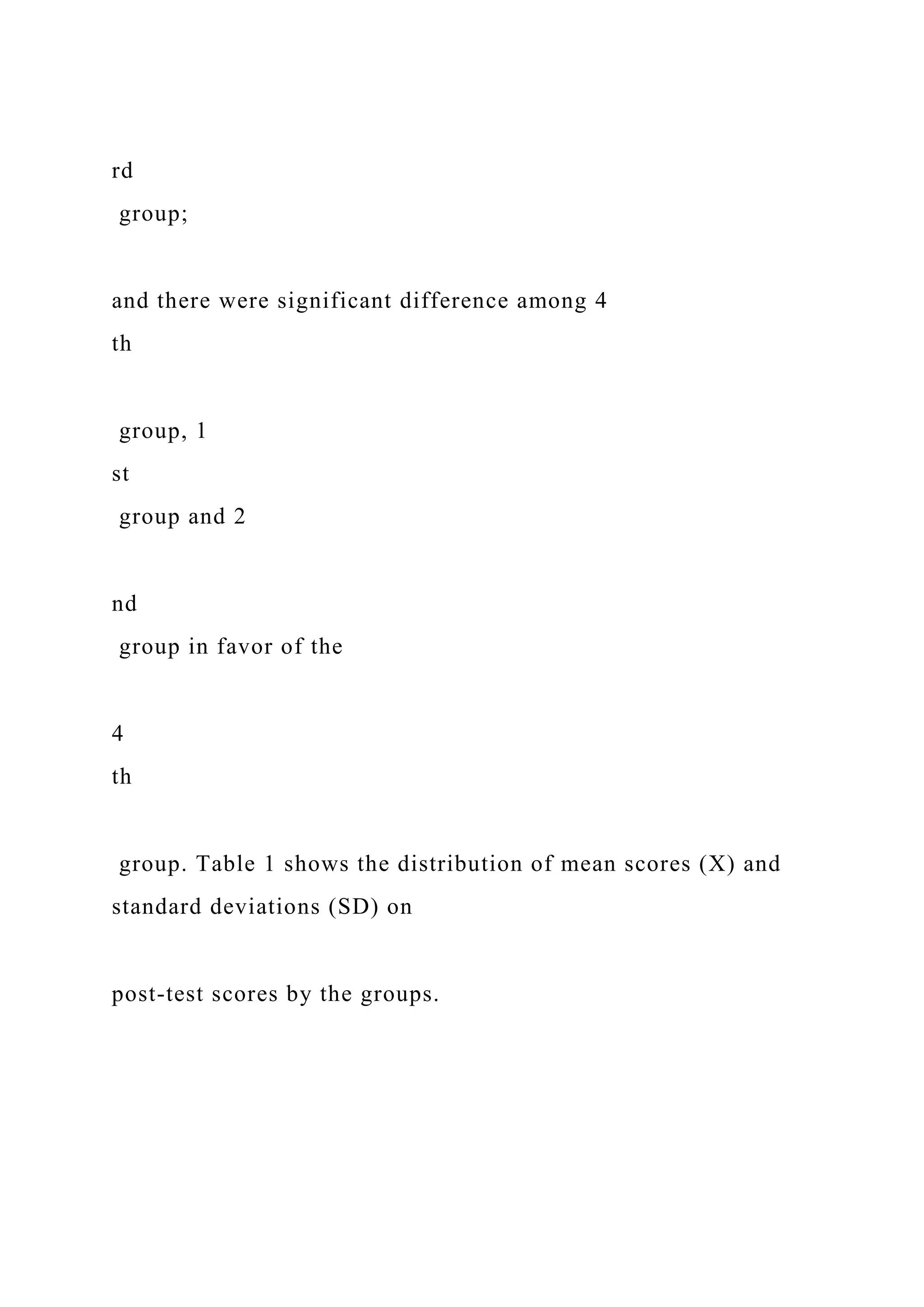 rd
group;
and there were significant difference among 4
th
group, 1
st
group and 2
nd
group in favor of the
4
th
group. Table 1 shows the distribution of mean scores (X) and
standard deviations (SD) on
post-test scores by the groups.
 