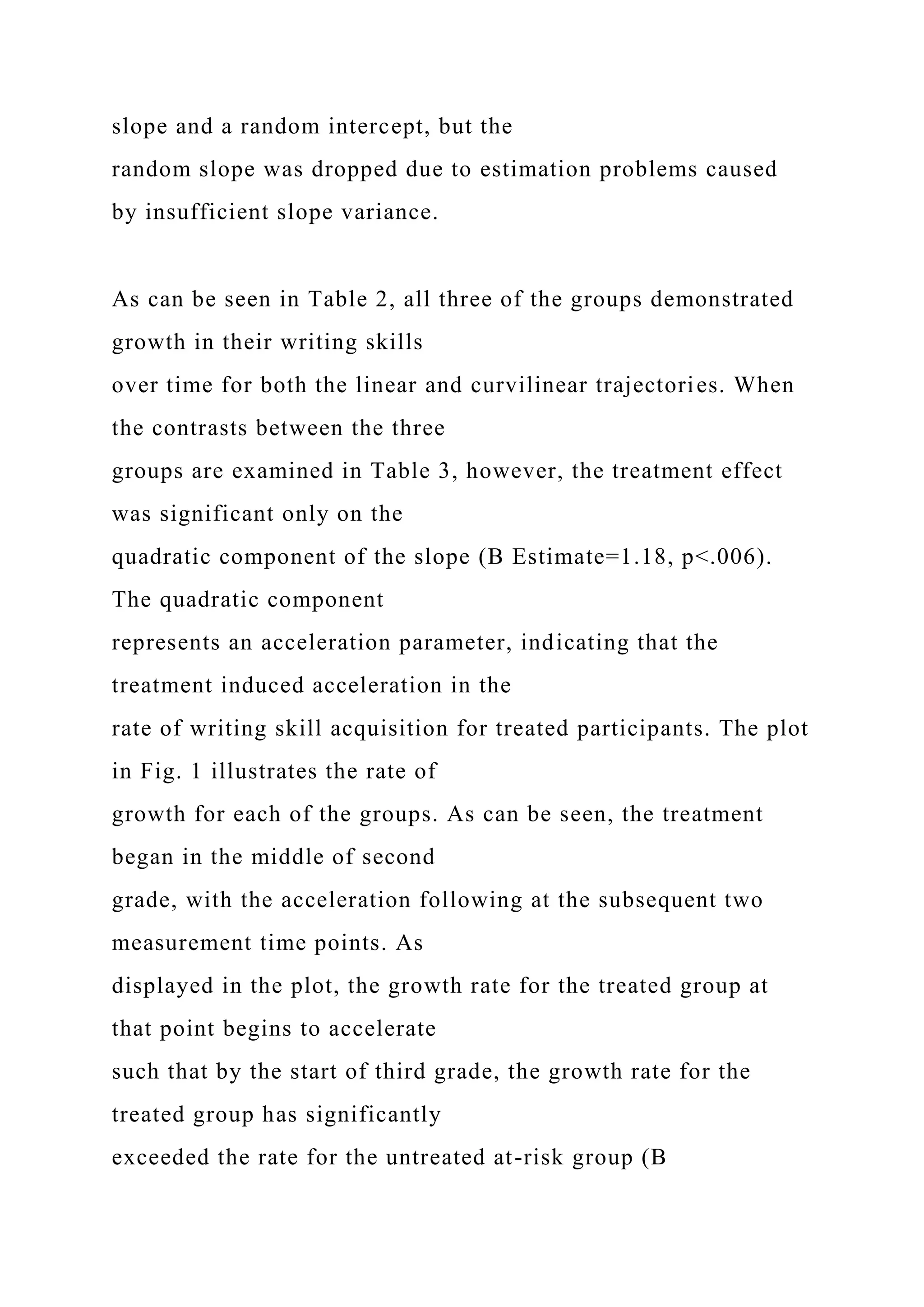 slope and a random intercept, but the
random slope was dropped due to estimation problems caused
by insufficient slope variance.
As can be seen in Table 2, all three of the groups demonstrated
growth in their writing skills
over time for both the linear and curvilinear trajectories. When
the contrasts between the three
groups are examined in Table 3, however, the treatment effect
was significant only on the
quadratic component of the slope (B Estimate=1.18, p<.006).
The quadratic component
represents an acceleration parameter, indicating that the
treatment induced acceleration in the
rate of writing skill acquisition for treated participants. The plot
in Fig. 1 illustrates the rate of
growth for each of the groups. As can be seen, the treatment
began in the middle of second
grade, with the acceleration following at the subsequent two
measurement time points. As
displayed in the plot, the growth rate for the treated group at
that point begins to accelerate
such that by the start of third grade, the growth rate for the
treated group has significantly
exceeded the rate for the untreated at-risk group (B
 