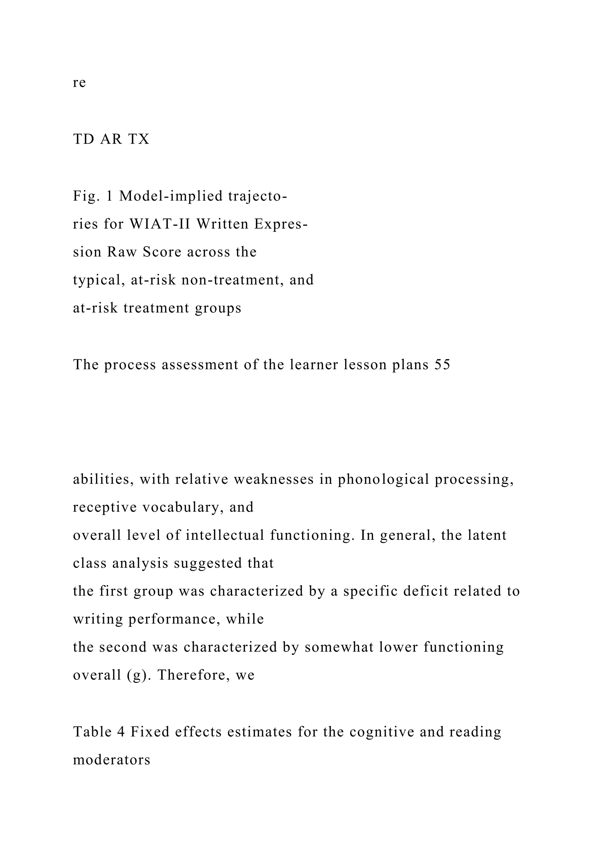 re
TD AR TX
Fig. 1 Model-implied trajecto-
ries for WIAT-II Written Expres-
sion Raw Score across the
typical, at-risk non-treatment, and
at-risk treatment groups
The process assessment of the learner lesson plans 55
abilities, with relative weaknesses in phonological processing,
receptive vocabulary, and
overall level of intellectual functioning. In general, the latent
class analysis suggested that
the first group was characterized by a specific deficit related to
writing performance, while
the second was characterized by somewhat lower functioning
overall (g). Therefore, we
Table 4 Fixed effects estimates for the cognitive and reading
moderators
 
