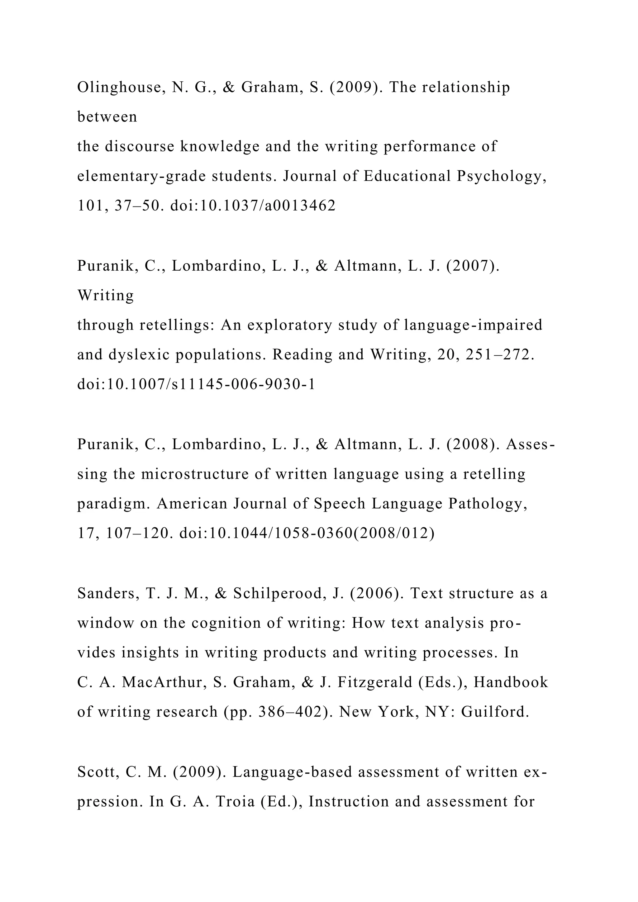 Olinghouse, N. G., & Graham, S. (2009). The relationship
between
the discourse knowledge and the writing performance of
elementary-grade students. Journal of Educational Psychology,
101, 37–50. doi:10.1037/a0013462
Puranik, C., Lombardino, L. J., & Altmann, L. J. (2007).
Writing
through retellings: An exploratory study of language-impaired
and dyslexic populations. Reading and Writing, 20, 251–272.
doi:10.1007/s11145-006-9030-1
Puranik, C., Lombardino, L. J., & Altmann, L. J. (2008). Asses-
sing the microstructure of written language using a retelling
paradigm. American Journal of Speech Language Pathology,
17, 107–120. doi:10.1044/1058-0360(2008/012)
Sanders, T. J. M., & Schilperood, J. (2006). Text structure as a
window on the cognition of writing: How text analysis pro-
vides insights in writing products and writing processes. In
C. A. MacArthur, S. Graham, & J. Fitzgerald (Eds.), Handbook
of writing research (pp. 386–402). New York, NY: Guilford.
Scott, C. M. (2009). Language-based assessment of written ex-
pression. In G. A. Troia (Ed.), Instruction and assessment for
 