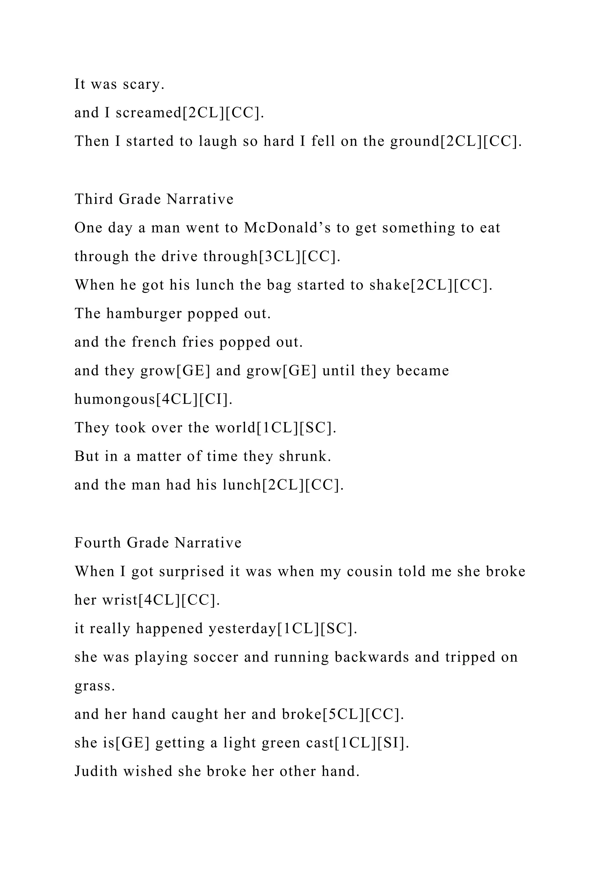 It was scary.
and I screamed[2CL][CC].
Then I started to laugh so hard I fell on the ground[2CL][CC].
Third Grade Narrative
One day a man went to McDonald’s to get something to eat
through the drive through[3CL][CC].
When he got his lunch the bag started to shake[2CL][CC].
The hamburger popped out.
and the french fries popped out.
and they grow[GE] and grow[GE] until they became
humongous[4CL][CI].
They took over the world[1CL][SC].
But in a matter of time they shrunk.
and the man had his lunch[2CL][CC].
Fourth Grade Narrative
When I got surprised it was when my cousin told me she broke
her wrist[4CL][CC].
it really happened yesterday[1CL][SC].
she was playing soccer and running backwards and tripped on
grass.
and her hand caught her and broke[5CL][CC].
she is[GE] getting a light green cast[1CL][SI].
Judith wished she broke her other hand.
 