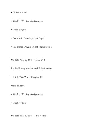 • What is due:
• Weekly Writing Assignment
• Weekly Quiz
• Economic Development Paper
• Economic Development Presentation
...