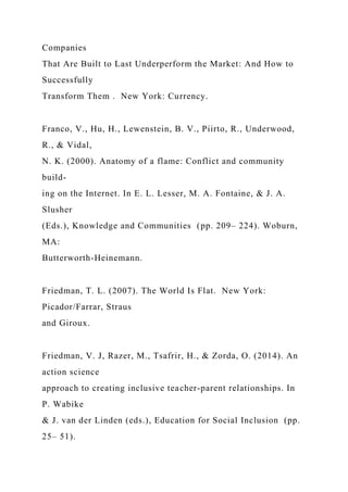 Companies
That Are Built to Last Underperform the Market: And How to
Successfully
Transform Them . New York: Currency.
Franco, V., Hu, H., Lewenstein, B. V., Piirto, R., Underwood,
R., & Vidal,
N. K. (2000). Anatomy of a flame: Conflict and community
build-
ing on the Internet. In E. L. Lesser, M. A. Fontaine, & J. A.
Slusher
(Eds.), Knowledge and Communities (pp. 209– 224). Woburn,
MA:
Butterworth-Heinemann.
Friedman, T. L. (2007). The World Is Flat. New York:
Picador/Farrar, Straus
and Giroux.
Friedman, V. J, Razer, M., Tsafrir, H., & Zorda, O. (2014). An
action science
approach to creating inclusive teacher-parent relationships. In
P. Wabike
& J. van der Linden (eds.), Education for Social Inclusion (pp.
25– 51).
 