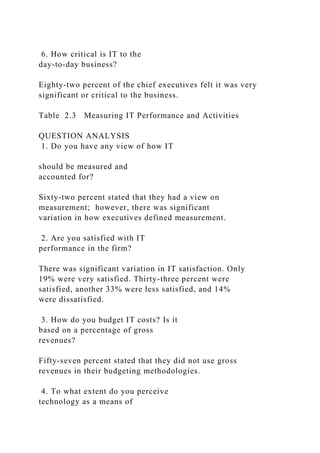 6. How critical is IT to the
day-to-day business?
Eighty-two percent of the chief executives felt it was very
significant or critical to the business.
Table 2.3 Measuring IT Performance and Activities
QUESTION ANALYSIS
1. Do you have any view of how IT
should be measured and
accounted for?
Sixty-two percent stated that they had a view on
measurement; however, there was significant
variation in how executives defined measurement.
2. Are you satisfied with IT
performance in the firm?
There was significant variation in IT satisfaction. Only
19% were very satisfied. Thirty-three percent were
satisfied, another 33% were less satisfied, and 14%
were dissatisfied.
3. How do you budget IT costs? Is it
based on a percentage of gross
revenues?
Fifty-seven percent stated that they did not use gross
revenues in their budgeting methodologies.
4. To what extent do you perceive
technology as a means of
 