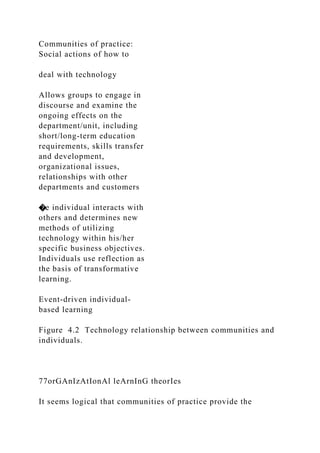 Communities of practice:
Social actions of how to
deal with technology
Allows groups to engage in
discourse and examine the
ongoing effects on the
department/unit, including
short/long-term education
requirements, skills transfer
and development,
organizational issues,
relationships with other
departments and customers
�e individual interacts with
others and determines new
methods of utilizing
technology within his/her
specific business objectives.
Individuals use reflection as
the basis of transformative
learning.
Event-driven individual-
based learning
Figure 4.2 Technology relationship between communities and
individuals.
77orGAnIzAtIonAl leArnInG theorIes
It seems logical that communities of practice provide the
 