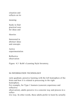 situation and
reflects on its
meaning
Seeks to find
practical uses
for ideas and
theories
Interested in
abstract ideas
and concepts
Active
experimentation
Reflective
observation
Figure 4.3 Kolb’s Learning Style Inventory.
86 INFORMATION TECHNOLOGY
style quadrant, perceive learning with the left hemisphere of the
brain and how it is related to processing in the right
hemisphere.
For example, for Type 1 learners (concrete experience and
reflective
observation), adults perceive in a concrete way and process in a
reflec-
tive way. In other words, these adults prefer to learn by actually
 