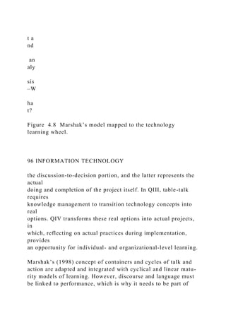 t a
nd
an
aly
sis
–W
ha
t?
Figure 4.8 Marshak’s model mapped to the technology
learning wheel.
96 INFORMATION TECHNOLOGY
the discussion-to-decision portion, and the latter represents the
actual
doing and completion of the project itself. In QIII, table-talk
requires
knowledge management to transition technology concepts into
real
options. QIV transforms these real options into actual projects,
in
which, reflecting on actual practices during implementation,
provides
an opportunity for individual- and organizational-level learning.
Marshak’s (1998) concept of containers and cycles of talk and
action are adapted and integrated with cyclical and linear matu-
rity models of learning. However, discourse and language must
be linked to performance, which is why it needs to be part of
 