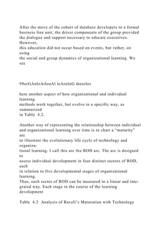 After the move of the cohort of database developers to a formal
business line unit, the driver components of the group provided
the dialogue and support necessary to educate executives.
However,
this education did not occur based on events, but rather, on
using
the social and group dynamics of organizational learning. We
see
99orGAnIzAtIonAl leArnInG theorIes
here another aspect of how organizational and individual
learning
methods work together, but evolve in a specific way, as
summarized
in Table 4.2.
Another way of representing the relationship between individual
and organizational learning over time is to chart a “maturity”
arc
to illustrate the evolutionary life cycle of technology and
organiza-
tional learning. I call this arc the ROD arc. The arc is designed
to
assess individual development in four distinct sectors of ROD,
each
in relation to five developmental stages of organizational
learning.
Thus, each sector of ROD can be measured in a linear and inte-
grated way. Each stage in the course of the learning
development
Table 4.2 Analysis of Ravell’s Maturation with Technology
 