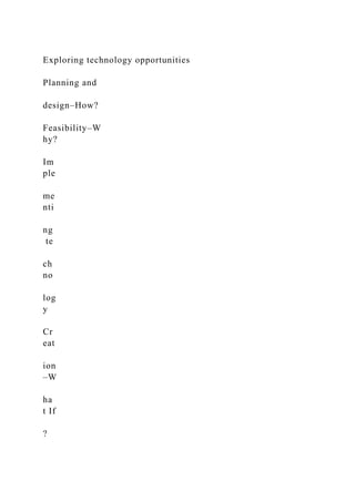 Exploring technology opportunities
Planning and
design–How?
Feasibility–W
hy?
Im
ple
me
nti
ng
te
ch
no
log
y
Cr
eat
ion
–W
ha
t If
?
 