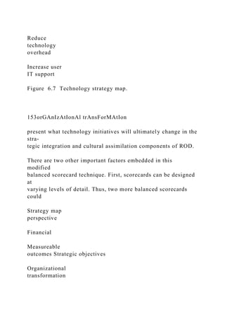Reduce
technology
overhead
Increase user
IT support
Figure 6.7 Technology strategy map.
153orGAnIzAtIonAl trAnsForMAtIon
present what technology initiatives will ultimately change in the
stra-
tegic integration and cultural assimilation components of ROD.
There are two other important factors embedded in this
modified
balanced scorecard technique. First, scorecards can be designed
at
varying levels of detail. Thus, two more balanced scorecards
could
Strategy map
perspective
Financial
Measureable
outcomes Strategic objectives
Organizational
transformation
 