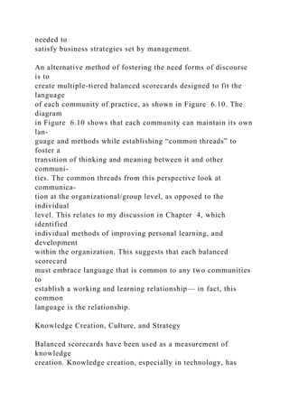 needed to
satisfy business strategies set by management.
An alternative method of fostering the need forms of discourse
is to
create multiple-tiered balanced scorecards designed to fit the
language
of each community of practice, as shown in Figure 6.10. The
diagram
in Figure 6.10 shows that each community can maintain its own
lan-
guage and methods while establishing “common threads” to
foster a
transition of thinking and meaning between it and other
communi-
ties. The common threads from this perspective look at
communica-
tion at the organizational/group level, as opposed to the
individual
level. This relates to my discussion in Chapter 4, which
identified
individual methods of improving personal learning, and
development
within the organization. This suggests that each balanced
scorecard
must embrace language that is common to any two communities
to
establish a working and learning relationship— in fact, this
common
language is the relationship.
Knowledge Creation, Culture, and Strategy
Balanced scorecards have been used as a measurement of
knowledge
creation. Knowledge creation, especially in technology, has
 