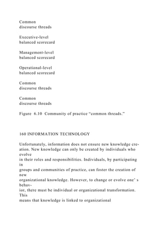 Common
discourse threads
Executive-level
balanced scorecard
Management-level
balanced scorecard
Operational-level
balanced scorecard
Common
discourse threads
Common
discourse threads
Figure 6.10 Community of practice “common threads.”
160 INFORMATION TECHNOLOGY
Unfortunately, information does not ensure new knowledge cre-
ation. New knowledge can only be created by individuals who
evolve
in their roles and responsibilities. Individuals, by participating
in
groups and communities of practice, can foster the creation of
new
organizational knowledge. However, to change or evolve one’ s
behav-
ior, there must be individual or organizational transformation.
This
means that knowledge is linked to organizational
 