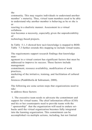 the
community. This may require individuals to understand another
member’ s maturity. Thus, virtual team members need to be able
to understand why another member is behaving as he or she is
or
reacting in a dualistic manner. Assessment in a virtual
collabora-
tion becomes a necessity, especially given the unpredictability
of
technology-based projects.
In Table 5.1, I showed how tacit knowledge is mapped to ROD.
Table 7.3 further extends this mapping to include virtual teams.
The requirements support research findings that knowledge
man-
agement in a virtual context has significant factors that must be
addressed to improve its success. These factors include
management
commitment, resource availability, modification of work
practices,
marketing of the initiative, training, and facilitation of cultural
dif-
ferences (Peddibhotla & Subramani, 2008).
The following are some action steps that organizations need to
take
to address these factors:
1. The executive team needs to advocate the commitment and
support for virtual teams. The chief information officer (CIO)
and his or her counterparts need to provide teams with the
“ sponsorship” that the organization will need to endure set-
backs until the virtual organization becomes fully integrated
into the learning organization. This commitment can be
accomplished via multiple actions, including, but not limited
 