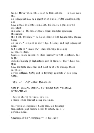 teams. However, identities can be transactional— in ways such
that
an individual may be a member of multiple COP environments
and
have different identities in each. This fact emphasizes the
multitask-
ing aspect of the linear development modules discussed
throughout
this book. Ultimately, social discourse will dynamically change
based
on the COP to which an individual belongs, and that individual
needs
to be able to “ inventory” these multiple roles and
responsibilities.
Such roles and responsibilities themselves will transform, due
to the
dynamic nature of technology-driven projects. Individuals will
thus
have multiple identities and must be able to manage those
identities
across different COPs and in different contexts within those
COPs.
Table 7.4 COP Virtual Dynamism
COP PHYSICAL SOCIAL SETTINGS COP VIRTUAL
DYNAMISMS
There is shared pursuit of interest
accomplished through group meetings.
Interest in discussion is based more on dynamic
transactions and remote needs to satisfy specific
personal needs.
Creation of the “ community” is typically
 
