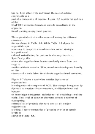has not been effectively addressed: the role of outside
consultants as a
part of a community of practice. Figure 8.6 depicts the addition
of the
ICAP ETC executive board and outside consultants in the
organiza-
tional learning management process.
The sequential activities that occurred among the different
communi-
ties are shown in Table 8.1. While Table 8.1 shows the
sequential steps
necessary to complete a transformation toward strategic
integration and
cultural assimilation, the process is also very iterative.
Specifically, this
means that organizations do not seamlessly move from one
stage to
another without setbacks. Thus, transformation depends heavily
on dis-
course as the main driver for ultimate organizational evolution.
Figure 8.7 shows a somewhat messier depiction of
organizational
learning under the auspices of ROD. The changes brought on by
dynamic interactions foster top-down, middle-up-down, and
bottom-
up knowledge management techniques—all occurring simultane-
ously. This level of complex discourse creates a number of
overlapping
communities of practice that have similar, yet unique,
objectives in
learning. These communities of practice overlap at certain
levels as
shown in Figure 8.8.
 