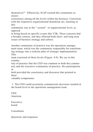 themselves?” Effectively, ICAP created this community to
ensure
consistency among all the levels within the business. Consistent
with the responsive organizational dynamism arc, learning in
this
community was at the “ system” or organizational level, as
opposed
to being based on specific events like Y2K. These concerns had
a broader context, and they affected both short- and long-term
issues of business strategy and culture.
Another community of practice was the operations manage-
ment team, which was the community responsible for transform-
ing strategy into a realistic plan of strategic implementation.
This
team consisted of three levels (Figure 8.9). We see in this
commu-
nity of practice that the CEO was common to both this commu-
nity and the executive community of practice. His participation
in
both provided the consistency and discourse that pointed to
three
valuable components:
1. The CEO could accurately communicate decisions reached at
the board level to the operations management team.
CEO
Americas
Executive
board
Consultants
Questions and responses
 