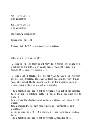Objective advice
and education
Objective advice
and education
Interactive discussions
Discourse initiated
Figure 8.8 ICAP—community of practice.
219sYnerGIstIC unIon oF It
2. The operations team could provide important input and sug-
gestions to the CEO, who could then provide this informa-
tion to the executive community.
3. The CEO interacted in different ways between the two com-
munities of practice. This was critical because the way things
were discussed, the language used, and the processes of con-
sensus were different in each community.
The operations management community was not at the detailed
level of implementation; rather, it was at the conceptual one. It
needed
to embrace the strategic and cultural outcomes discussed at the
execu-
tive community, suggest modifications if applicable, and
eventually
reach consensus within the community and with the executive
team.
The operations management community, because of its
 