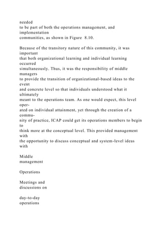 needed
to be part of both the operations management, and
implementation
communities, as shown in Figure 8.10.
Because of the transitory nature of this community, it was
important
that both organizational learning and individual learning
occurred
simultaneously. Thus, it was the responsibility of middle
managers
to provide the transition of organizational-based ideas to the
event
and concrete level so that individuals understood what it
ultimately
meant to the operations team. As one would expect, this level
oper-
ated on individual attainment, yet through the creation of a
commu-
nity of practice, ICAP could get its operations members to begin
to
think more at the conceptual level. This provided management
with
the opportunity to discuss conceptual and system-level ideas
with
Middle
management
Operations
Meetings and
discussions on
day-to-day
operations
 