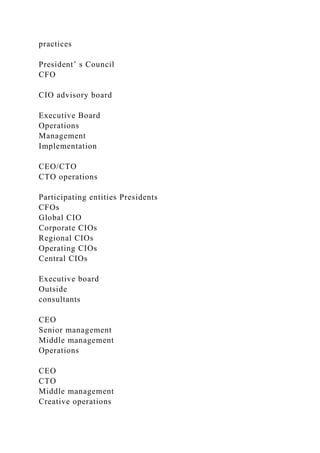 practices
President’ s Council
CFO
CIO advisory board
Executive Board
Operations
Management
Implementation
CEO/CTO
CTO operations
Participating entities Presidents
CFOs
Global CIO
Corporate CIOs
Regional CIOs
Operating CIOs
Central CIOs
Executive board
Outside
consultants
CEO
Senior management
Middle management
Operations
CEO
CTO
Middle management
Creative operations
 