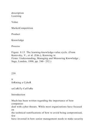 description
Learning
Value
MarketCompetition
Product
Knowledge
Process
Figure 8.13 The learning-knowledge-value cycle. (From
Kanevsky, V., et al. (Eds.), Knowing in
Firms: Understanding, Managing and Measuring Knowledge ,
Sage, London, 1998, pp. 240– 252.)
239
9
foRming a CybeR
seCuRiTy CulTuRe
Introduction
Much has been written regarding the importance of how
companies
deal with cyber threats. While most organizations have focused
on
the technical ramifications of how to avoid being compromised,
few
have invested in how senior management needs to make security
 