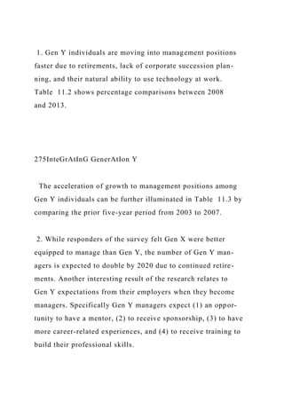 1. Gen Y individuals are moving into management positions
faster due to retirements, lack of corporate succession plan-
ning, and their natural ability to use technology at work.
Table 11.2 shows percentage comparisons between 2008
and 2013.
275InteGrAtInG GenerAtIon Y
The acceleration of growth to management positions among
Gen Y individuals can be further illuminated in Table 11.3 by
comparing the prior five-year period from 2003 to 2007.
2. While responders of the survey felt Gen X were better
equipped to manage than Gen Y, the number of Gen Y man-
agers is expected to double by 2020 due to continued retire-
ments. Another interesting result of the research relates to
Gen Y expectations from their employers when they become
managers. Specifically Gen Y managers expect (1) an oppor-
tunity to have a mentor, (2) to receive sponsorship, (3) to have
more career-related experiences, and (4) to receive training to
build their professional skills.
 