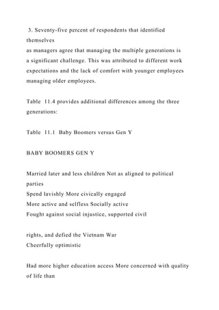 3. Seventy-five percent of respondents that identified
themselves
as managers agree that managing the multiple generations is
a significant challenge. This was attributed to different work
expectations and the lack of comfort with younger employees
managing older employees.
Table 11.4 provides additional differences among the three
generations:
Table 11.1 Baby Boomers versus Gen Y
BABY BOOMERS GEN Y
Married later and less children Not as aligned to political
parties
Spend lavishly More civically engaged
More active and selfless Socially active
Fought against social injustice, supported civil
rights, and defied the Vietnam War
Cheerfully optimistic
Had more higher education access More concerned with quality
of life than
 