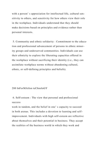 with a person’ s appreciation for intellectual life, cultural sen-
sitivity to others, and sensitivity for how others view their role
in the workplace. Individuals understand that they should
make decisions based on principles and evidence rather than
personal interests.
5. Community and ethnic solidarity : Commitment to the educa-
tion and professional advancement of persons in ethnic minor-
ity groups and underserved communities. Individuals can use
their ethnicity to explore the liberating capacities offered in
the workplace without sacrificing their identity (i.e., they can
assimilate workplace norms without abandoning cultural,
ethnic, or self-defining principles and beliefs).
280 InForMAtIon teChnoloGY
6. Self-esteem : The view that personal and professional
success
work in tandem, and the belief in one’ s capacity to succeed
in both arenas. This includes a devotion to learning and self-
improvement. Individuals with high self-esteem are reflective
about themselves and their potential in business. They accept
the realities of the business world in which they work and
 