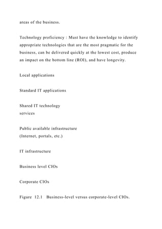 areas of the business.
Technology proficiency : Must have the knowledge to identify
appropriate technologies that are the most pragmatic for the
business, can be delivered quickly at the lowest cost, produce
an impact on the bottom line (ROI), and have longevity.
Local applications
Standard IT applications
Shared IT technology
services
Public available infrastructure
(Internet, portals, etc.)
IT infrastructure
Business level CIOs
Corporate CIOs
Figure 12.1 Business-level versus corporate-level CIOs.
 