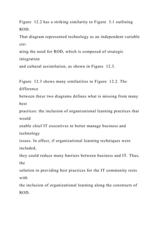 Figure 12.2 has a striking similarity to Figure 3.1 outlining
ROD.
That diagram represented technology as an independent variable
cre-
ating the need for ROD, which is composed of strategic
integration
and cultural assimilation, as shown in Figure 12.3.
Figure 12.3 shows many similarities to Figure 12.2. The
difference
between these two diagrams defines what is missing from many
best
practices: the inclusion of organizational learning practices that
would
enable chief IT executives to better manage business and
technology
issues. In effect, if organizational learning techniques were
included,
they could reduce many barriers between business and IT. Thus,
the
solution to providing best practices for the IT community rests
with
the inclusion of organizational learning along the constructs of
ROD.
 