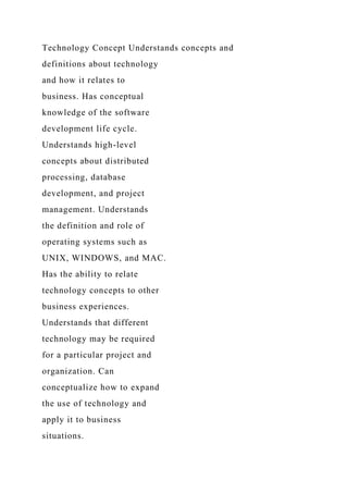Technology Concept Understands concepts and
definitions about technology
and how it relates to
business. Has conceptual
knowledge of the software
development life cycle.
Understands high-level
concepts about distributed
processing, database
development, and project
management. Understands
the definition and role of
operating systems such as
UNIX, WINDOWS, and MAC.
Has the ability to relate
technology concepts to other
business experiences.
Understands that different
technology may be required
for a particular project and
organization. Can
conceptualize how to expand
the use of technology and
apply it to business
situations.
 
