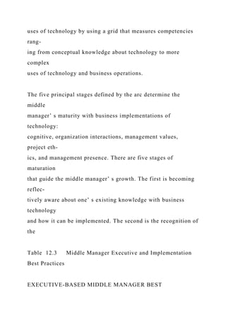 uses of technology by using a grid that measures competencies
rang-
ing from conceptual knowledge about technology to more
complex
uses of technology and business operations.
The five principal stages defined by the arc determine the
middle
manager’ s maturity with business implementations of
technology:
cognitive, organization interactions, management values,
project eth-
ics, and management presence. There are five stages of
maturation
that guide the middle manager’ s growth. The first is becoming
reflec-
tively aware about one’ s existing knowledge with business
technology
and how it can be implemented. The second is the recognition of
the
Table 12.3 Middle Manager Executive and Implementation
Best Practices
EXECUTIVE-BASED MIDDLE MANAGER BEST
 