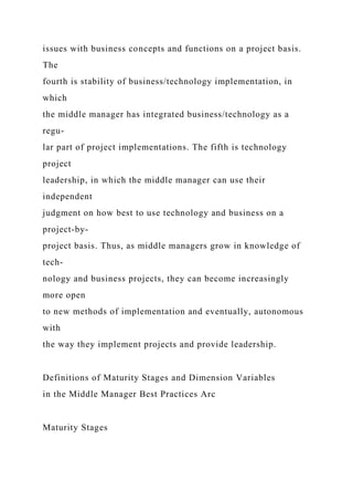 issues with business concepts and functions on a project basis.
The
fourth is stability of business/technology implementation, in
which
the middle manager has integrated business/technology as a
regu-
lar part of project implementations. The fifth is technology
project
leadership, in which the middle manager can use their
independent
judgment on how best to use technology and business on a
project-by-
project basis. Thus, as middle managers grow in knowledge of
tech-
nology and business projects, they can become increasingly
more open
to new methods of implementation and eventually, autonomous
with
the way they implement projects and provide leadership.
Definitions of Maturity Stages and Dimension Variables
in the Middle Manager Best Practices Arc
Maturity Stages
 