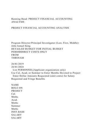 Running Head: PROJECT FINANCIAL ACCOUNTING
ANALYSIS
PROJECT FINANCIAL ACCOUNTING ANALYSIS
Program Director/Principal Investigator (Last, First, Middle):
John Ismael King
DETAILED BUDGET FOR INITIAL BUDGET
PERIODDIRECT COSTS ONLY
FROM
THROUGH
26/01/2019
26/01/2024
List PERSONNEL(Applicant organization only)
Use Cal, Acad, or Summer to Enter Months Devoted to Project
Enter Dollar Amounts Requested (omit cents) for Salary
Requested and Fringe Benefits
NAME
ROLE ON
PROJECT
Cal.
Mnths
Acad.
Mnths
Summer
Mnths
INST.BASE
SALARY
SALARY
 
