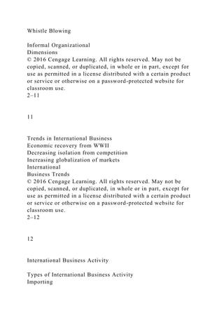 Whistle Blowing
Informal Organizational
Dimensions
© 2016 Cengage Learning. All rights reserved. May not be
copied, scanned, or duplicated, in whole or in part, except for
use as permitted in a license distributed with a certain product
or service or otherwise on a password-protected website for
classroom use.
2–11
11
Trends in International Business
Economic recovery from WWII
Decreasing isolation from competition
Increasing globalization of markets
International
Business Trends
© 2016 Cengage Learning. All rights reserved. May not be
copied, scanned, or duplicated, in whole or in part, except for
use as permitted in a license distributed with a certain product
or service or otherwise on a password-protected website for
classroom use.
2–12
12
International Business Activity
Types of International Business Activity
Importing
 