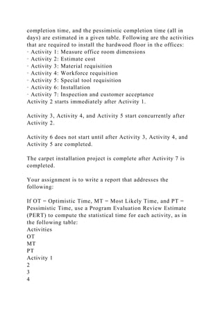 completion time, and the pessimistic completion time (all in
days) are estimated in a given table. Following are the activities
that are required to install the hardwood floor in the offices:
· Activity 1: Measure office room dimensions
· Activity 2: Estimate cost
· Activity 3: Material requisition
· Activity 4: Workforce requisition
· Activity 5: Special tool requisition
· Activity 6: Installation
· Activity 7: Inspection and customer acceptance
Activity 2 starts immediately after Activity 1.
Activity 3, Activity 4, and Activity 5 start concurrently after
Activity 2.
Activity 6 does not start until after Activity 3, Activity 4, and
Activity 5 are completed.
The carpet installation project is complete after Activity 7 is
completed.
Your assignment is to write a report that addresses the
following:
If OT = Optimistic Time, MT = Most Likely Time, and PT =
Pessimistic Time, use a Program Evaluation Review Estimate
(PERT) to compute the statistical time for each activity, as in
the following table:
Activities
OT
MT
PT
Activity 1
2
3
4
 