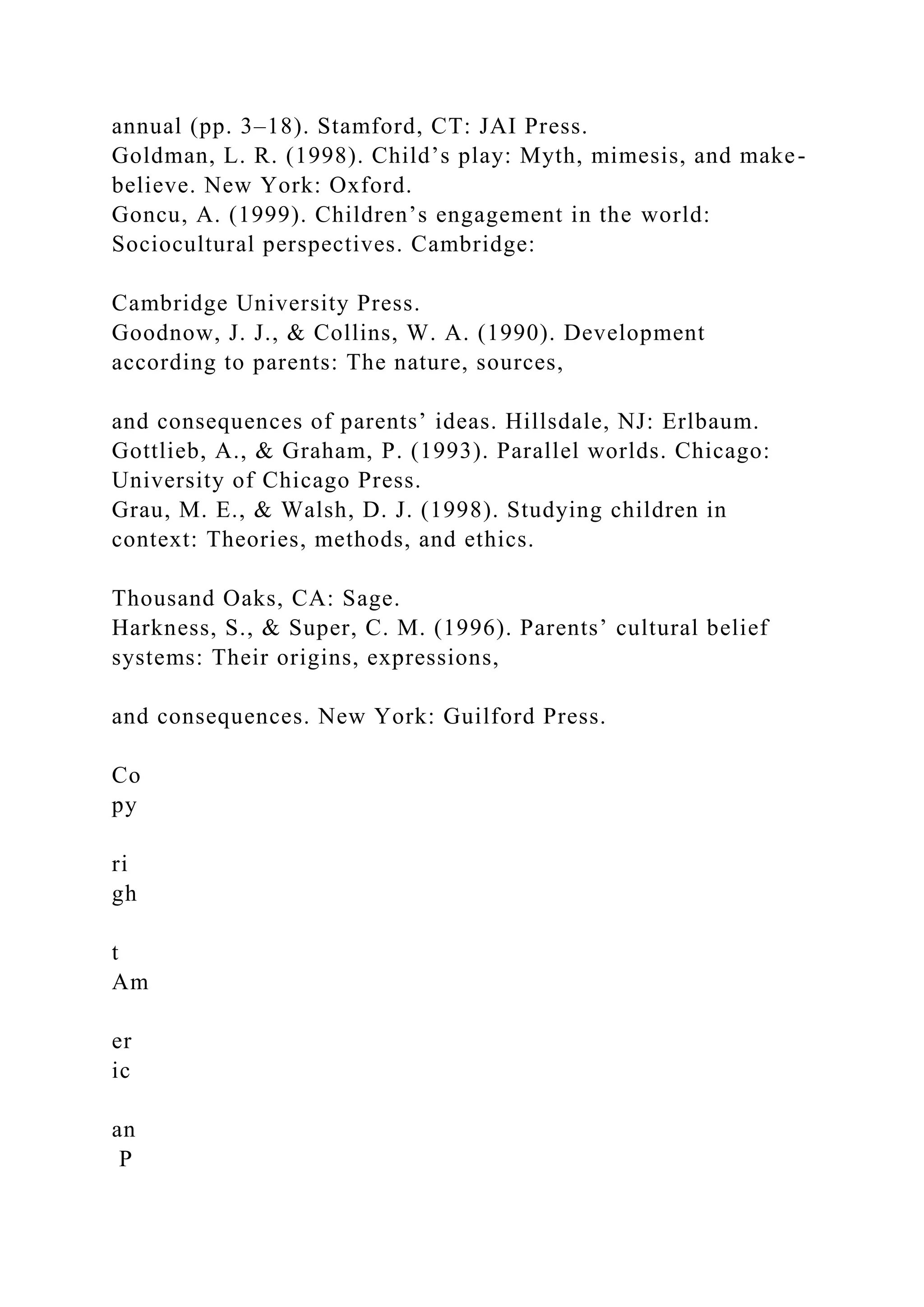 annual (pp. 3–18). Stamford, CT: JAI Press.
Goldman, L. R. (1998). Child’s play: Myth, mimesis, and make-
believe. New York: Oxford.
Goncu, A. (1999). Children’s engagement in the world:
Sociocultural perspectives. Cambridge:
Cambridge University Press.
Goodnow, J. J., & Collins, W. A. (1990). Development
according to parents: The nature, sources,
and consequences of parents’ ideas. Hillsdale, NJ: Erlbaum.
Gottlieb, A., & Graham, P. (1993). Parallel worlds. Chicago:
University of Chicago Press.
Grau, M. E., & Walsh, D. J. (1998). Studying children in
context: Theories, methods, and ethics.
Thousand Oaks, CA: Sage.
Harkness, S., & Super, C. M. (1996). Parents’ cultural belief
systems: Their origins, expressions,
and consequences. New York: Guilford Press.
Co
py
ri
gh
t
Am
er
ic
an
P
 