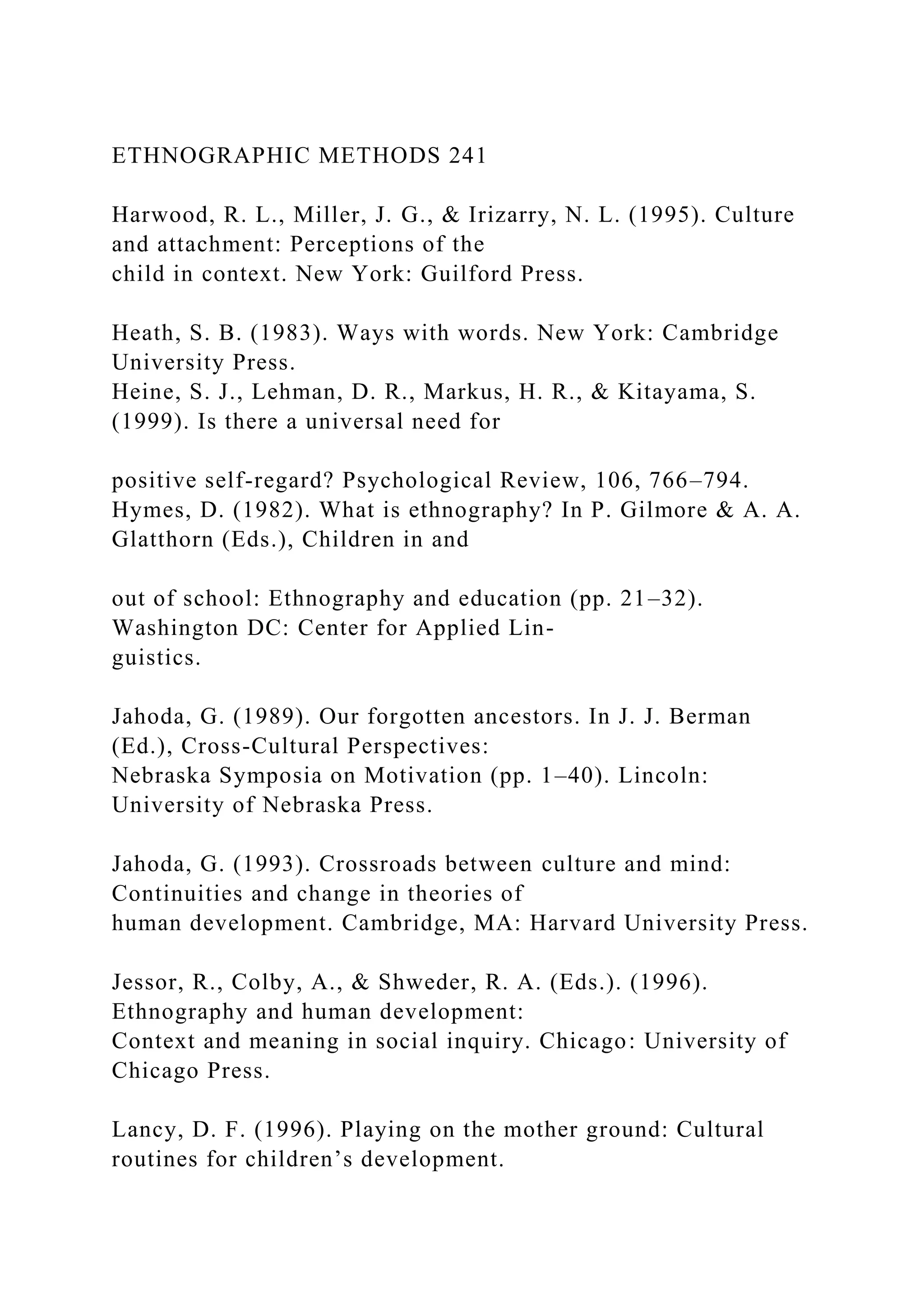 ETHNOGRAPHIC METHODS 241
Harwood, R. L., Miller, J. G., & Irizarry, N. L. (1995). Culture
and attachment: Perceptions of the
child in context. New York: Guilford Press.
Heath, S. B. (1983). Ways with words. New York: Cambridge
University Press.
Heine, S. J., Lehman, D. R., Markus, H. R., & Kitayama, S.
(1999). Is there a universal need for
positive self-regard? Psychological Review, 106, 766–794.
Hymes, D. (1982). What is ethnography? In P. Gilmore & A. A.
Glatthorn (Eds.), Children in and
out of school: Ethnography and education (pp. 21–32).
Washington DC: Center for Applied Lin-
guistics.
Jahoda, G. (1989). Our forgotten ancestors. In J. J. Berman
(Ed.), Cross-Cultural Perspectives:
Nebraska Symposia on Motivation (pp. 1–40). Lincoln:
University of Nebraska Press.
Jahoda, G. (1993). Crossroads between culture and mind:
Continuities and change in theories of
human development. Cambridge, MA: Harvard University Press.
Jessor, R., Colby, A., & Shweder, R. A. (Eds.). (1996).
Ethnography and human development:
Context and meaning in social inquiry. Chicago: University of
Chicago Press.
Lancy, D. F. (1996). Playing on the mother ground: Cultural
routines for children’s development.
 