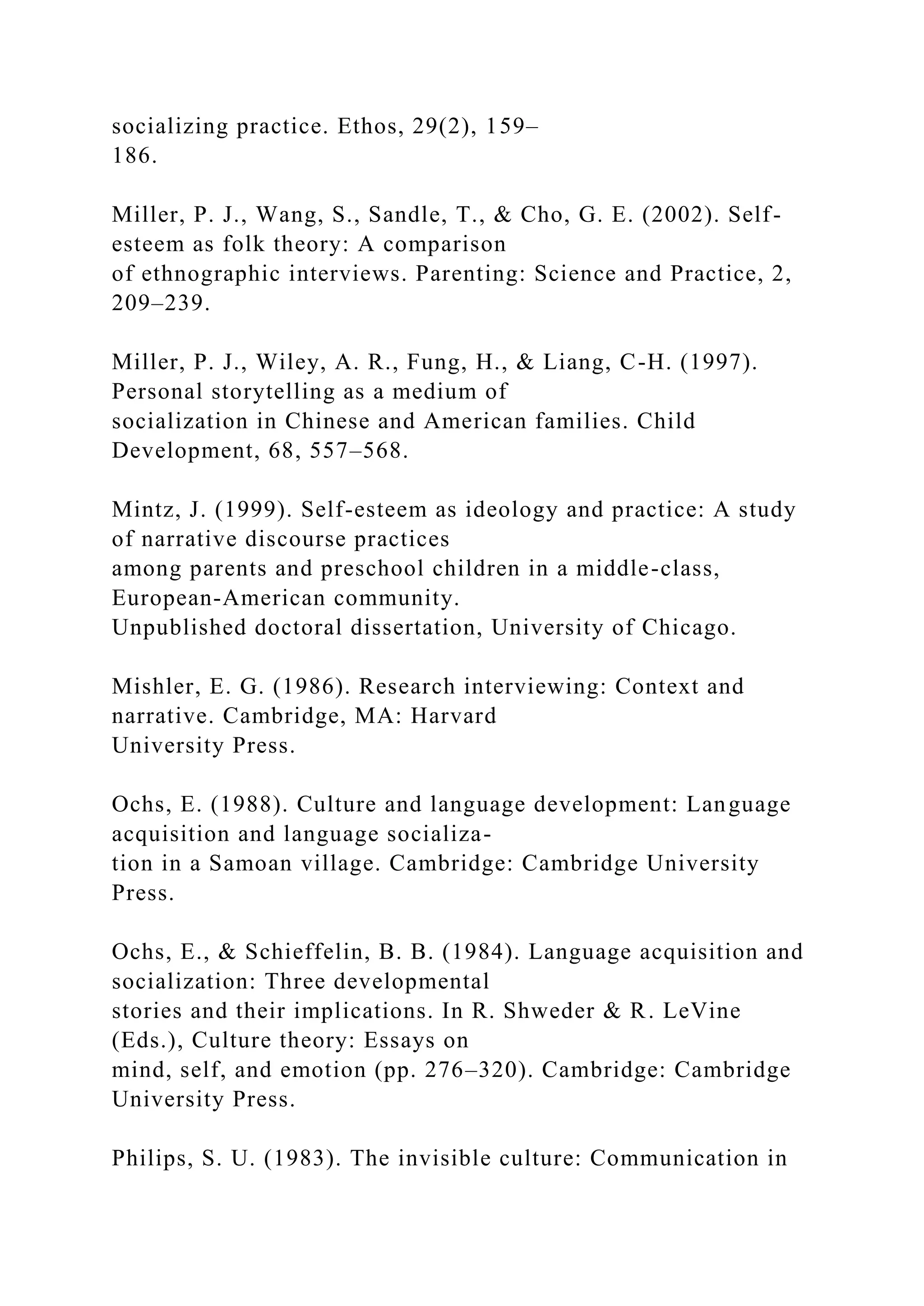 socializing practice. Ethos, 29(2), 159–
186.
Miller, P. J., Wang, S., Sandle, T., & Cho, G. E. (2002). Self-
esteem as folk theory: A comparison
of ethnographic interviews. Parenting: Science and Practice, 2,
209–239.
Miller, P. J., Wiley, A. R., Fung, H., & Liang, C-H. (1997).
Personal storytelling as a medium of
socialization in Chinese and American families. Child
Development, 68, 557–568.
Mintz, J. (1999). Self-esteem as ideology and practice: A study
of narrative discourse practices
among parents and preschool children in a middle-class,
European-American community.
Unpublished doctoral dissertation, University of Chicago.
Mishler, E. G. (1986). Research interviewing: Context and
narrative. Cambridge, MA: Harvard
University Press.
Ochs, E. (1988). Culture and language development: Language
acquisition and language socializa-
tion in a Samoan village. Cambridge: Cambridge University
Press.
Ochs, E., & Schieffelin, B. B. (1984). Language acquisition and
socialization: Three developmental
stories and their implications. In R. Shweder & R. LeVine
(Eds.), Culture theory: Essays on
mind, self, and emotion (pp. 276–320). Cambridge: Cambridge
University Press.
Philips, S. U. (1983). The invisible culture: Communication in
 