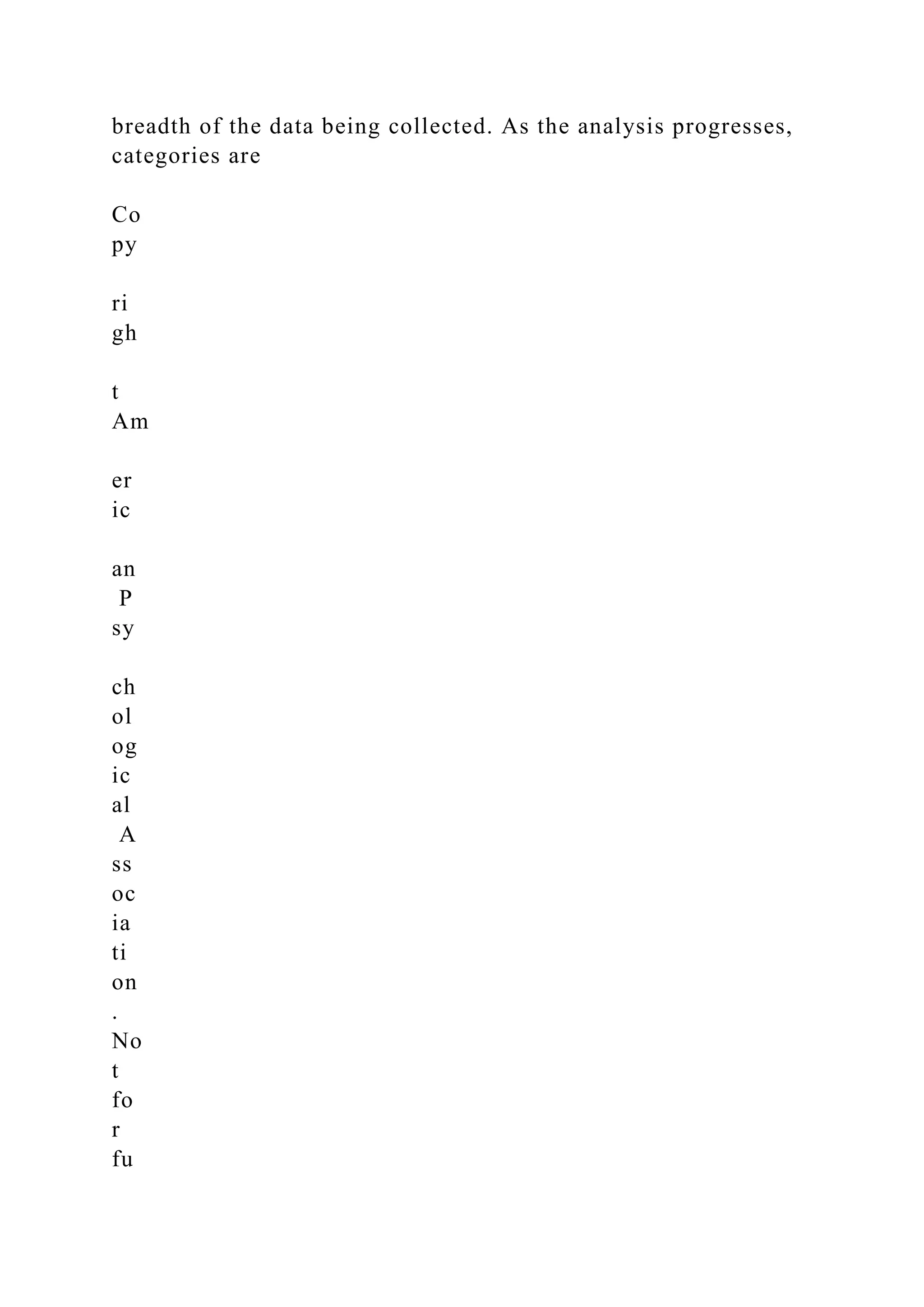 breadth of the data being collected. As the analysis progresses,
categories are
Co
py
ri
gh
t
Am
er
ic
an
P
sy
ch
ol
og
ic
al
A
ss
oc
ia
ti
on
.
No
t
fo
r
fu
 