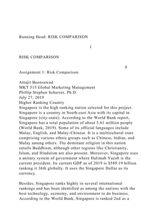 Running Head: RISK COMPARISON
1
RISK COMPARISON
8
Assignment 1: Risk Comparison
Attajit Boonsawad
MKT 515 Global Marketing Management
Phillip Stephen Scherrer, Ph.D.
July 27, 2019
Higher Ranking Country
Singapore is the high ranking nation selected for this project.
Singapore is a country in South-east Asia with its capital in
Singapore (city-state). According to the World Bank report,
Singapore has a total population of about 5.61 million people
(World Bank, 2019). Some of its official languages include
Malay, English, and Malay-Chinese. It is a multicultural state
comprising various ethnic groups such as Chinese, Indian, and
Malay among others. The dominant religion in this nation
entails Buddhism, although other regions like Christianity,
Islam, and Hinduism are also present. Moreover, Singapore uses
a unitary system of government where Halimah Yacob is the
current president. Its current GDP as of 2019 is $589.19 billion
ranking it 36th globally. It uses the Singapore Dollar as its
currency.
Besides, Singapore ranks highly in several international
rankings and has been identified as among the nations with the
best technology, economy, and environment to do business.
According to the World Bank, Singapore is ranked 2nd as a
 