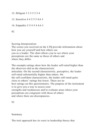 12. Diligent 3 3 3 3 3 3 4
13. Sensitive 4 4 5 5 5 4.6 3
14. Empathic 5 5 4 5 4 4.6 3
92
Scoring Interpretation
The scores you received on the LTQ provide information about
how you see yourself and how others see
you as a leader. The chart allows you to see where your
perceptions are the same as those of others and
where they differ.
The example ratings show how the leader self-rated higher than
the observers did on the characteristic
articulate. On the second characteristic, perceptive, the leader
self-rated substantially higher than others. On
the self-confident characteristic, the leader self-rated quite
close to others’ ratings but lower. There are no
best ratings on this questionnaire. The purpose of the instrument
is to give you a way to assess your
strengths and weaknesses and to evaluate areas where your
perceptions are congruent with those of others
and where there are discrepancies.
93
Summary
The trait approach has its roots in leadership theory that
 