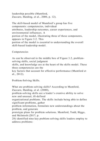 leadership possible (Mumford,
Zaccaro, Harding, et al., 2000, p. 12).
The skill-based model of Mumford’s group has five
components: competencies, individual
attributes, leadership outcomes, career experiences, and
environmental influences. A
portion of the model, illustrating three of these components,
appears in Figure 3.2. This
portion of the model is essential to understanding the overall
skill-based leadership model.
Competencies
As can be observed in the middle box of Figure 3.2, problem-
solving skills, social judgment
skills, and knowledge are at the heart of the skills model. These
three competencies are the
key factors that account for effective performance (Mumford et
al., 2012).
Problem-Solving Skills.
What are problem-solving skills? According to Mumford,
Zaccaro, Harding, et al. (2000),
problem-solving skills are a leader’s creative ability to solve
new and unusual, ill-defined
organizational problems. The skills include being able to define
significant problems, gather
problem information, formulate new understandings about the
problem, and generate
prototype plans for problem solutions. Mumford, Todd, Higgs,
and McIntosh (2017, p.
28) identified nine key problem-solving skills leaders employ to
address problems:
 
