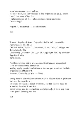 your own career (sensemaking;
vision)? Last, are there issues in the organization (e.g., union
rules) that may affect the
implementation of these changes (constraint analysis;
forecasting)?
Figure 3.3 Hypothetical Relationships
107
Source: Reprinted from “Cognitive Skills and Leadership
Performance: The Nine
Critical Skills,” by M. D. Mumford, E. M. Todd, C. Higgs, and
T. McIntosh, The
Leadership Quarterly, 28(1), p. 28. Copyright 2017 by Elsevier.
Reprinted with
permission.
Problem-solving skills also demand that leaders understand
their own leadership capacities
as they apply possible solutions to the unique problems in their
organization (Mumford,
Zaccaro, Connelly, & Marks, 2000).
Being able to construct solutions plays a special role in problem
solving. In considering
solutions to organizational problems, skilled leaders need to
attend to the time frame for
constructing and implementing a solution, short-term and long-
term goals, career goals and
108
 