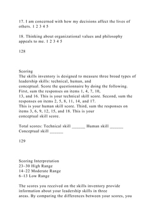 17. I am concerned with how my decisions affect the lives of
others. 1 2 3 4 5
18. Thinking about organizational values and philosophy
appeals to me. 1 2 3 4 5
128
Scoring
The skills inventory is designed to measure three broad types of
leadership skills: technical, human, and
conceptual. Score the questionnaire by doing the following.
First, sum the responses on items 1, 4, 7, 10,
13, and 16. This is your technical skill score. Second, sum the
responses on items 2, 5, 8, 11, 14, and 17.
This is your human skill score. Third, sum the responses on
items 3, 6, 9, 12, 15, and 18. This is your
conceptual skill score.
Total scores: Technical skill ______ Human skill ______
Conceptual skill ______
129
Scoring Interpretation
23–30 High Range
14–22 Moderate Range
6–13 Low Range
The scores you received on the skills inventory provide
information about your leadership skills in three
areas. By comparing the differences between your scores, you
 