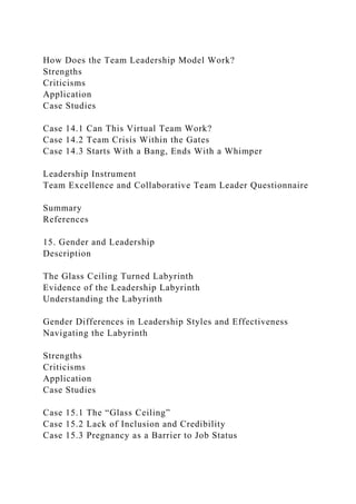 How Does the Team Leadership Model Work?
Strengths
Criticisms
Application
Case Studies
Case 14.1 Can This Virtual Team Work?
Case 14.2 Team Crisis Within the Gates
Case 14.3 Starts With a Bang, Ends With a Whimper
Leadership Instrument
Team Excellence and Collaborative Team Leader Questionnaire
Summary
References
15. Gender and Leadership
Description
The Glass Ceiling Turned Labyrinth
Evidence of the Leadership Labyrinth
Understanding the Labyrinth
Gender Differences in Leadership Styles and Effectiveness
Navigating the Labyrinth
Strengths
Criticisms
Application
Case Studies
Case 15.1 The “Glass Ceiling”
Case 15.2 Lack of Inclusion and Credibility
Case 15.3 Pregnancy as a Barrier to Job Status
 