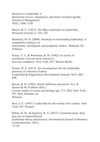Destructive leadership: A
theoretical review, integration, and future research agenda.
Journal of Management,
39(5), 1308–1338.
Moore, B. V. (1927). The May conference on leadership.
Personnel Journal, 6, 124–128.
Mumford, M. D. (2006). Pathways to outstanding leadership: A
comparative analysis of
charismatic, ideological, and pragmatic leaders. Mahwah, NJ:
Erlbaum.
Peters, T. J., & Waterman, R. H. (1982). In search of
excellence: Lessons from America’s
best-run companies. New York, NY: Warner Books.
Posner, B. Z. (2015). An investigation into the leadership
practices of volunteer leaders.
Leadership & Organization Development Journal, 36(7), 885–
898.
Raven, B. H. (1965). Social influence and power. In I. D.
Steiner & M. Fishbein (Eds.),
Current studies in social psychology (pp. 371–382). New York,
NY: Holt, Rinehart, &
Winston.
Rost, J. C. (1991). Leadership for the twenty-first century. New
York, NY: Praeger.
Ruben, B. D., & Gigliotti, R. A. (2017). Communication: Sine
qua non of organizational
leadership theory and practice. International Journal of Business
Communication, 54(1),
12–30.
 