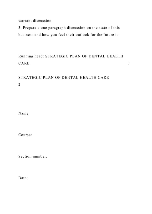 Running head STRATEGIC PLAN OF DENTAL HEALTH CARE CENTER .docx