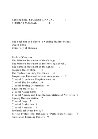 Running head: STUDENT MANUAL 1
STUDENT MANUAL 11
The Bachelor of Science in Nursing Student Manual
Queen Bella
University of Phoenix
Table of Contents
The Mission Statement of the College 3
The Mission Statement of the Nursing School 3
The Purpose Statement of the School 3
Program Description 3
The Student Learning Outcomes 4
Progression Examinations and Assessments 5
Clinical Experience Requirements 6
Clinical Site Selection 6
Clinical Setting Orientation 6
Required Materials 7
Clinical Assignments 7
Clinical Agency and Logs Documentation of Activities 7
Agency Documentation 7
Clinical Logs 7
Clinical Evaluation 8
Clinical Absences 8
Professional Dress Policy8
Serious Professional Behavior or Performance Issues 9
Simulation Learning Centers 9
 