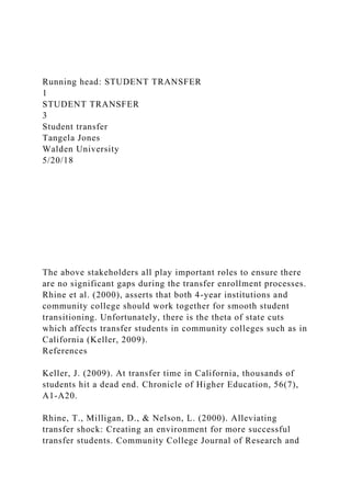 Running head: STUDENT TRANSFER
1
STUDENT TRANSFER
3
Student transfer
Tangela Jones
Walden University
5/20/18
The above stakeholders all play important roles to ensure there
are no significant gaps during the transfer enrollment processes.
Rhine et al. (2000), asserts that both 4-year institutions and
community college should work together for smooth student
transitioning. Unfortunately, there is the theta of state cuts
which affects transfer students in community colleges such as in
California (Keller, 2009).
References
Keller, J. (2009). At transfer time in California, thousands of
students hit a dead end. Chronicle of Higher Education, 56(7),
A1-A20.
Rhine, T., Milligan, D., & Nelson, L. (2000). Alleviating
transfer shock: Creating an environment for more successful
transfer students. Community College Journal of Research and
 